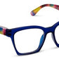 Blue rectangular Peepers Maisie eyeglasses with multicolored striped arms. Available in narrow, medium, and wide sizes.