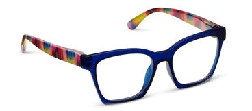 Blue rectangular Peepers Maisie eyeglasses with multicolored striped arms. Available in narrow, medium, and wide sizes.