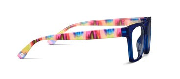 Peepers Maisie glasses with blue square frames and multicolored tie-dye arms. Available in small, medium, and large sizes.