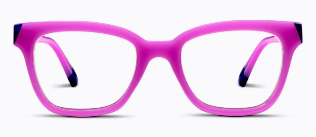 Rectangular bright pink frames with dark blue temple tips. Available sizes: S, M, L.