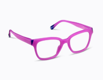 The Peepers - Myth: rectangular lenses, bright pink colorblock frames. Sizes available: small, medium, large.