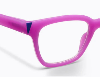 Pink and purple Peepers Myth eyewear frames with a dark blue accent; available in multiple sizes.