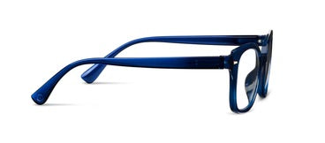 Peepers Glimmer glasses with blue square frames, rectangular navy accents, and clear lenses. Available in multiple sizes.