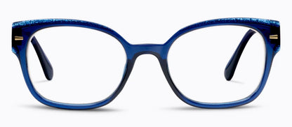 Blue rectangular glitter glasses with rounded edges, navy frames, gold hinges. Available in multiple sizes.