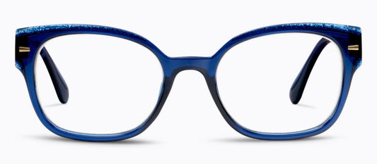 Blue rectangular glitter glasses with rounded edges, navy frames, gold hinges. Available in multiple sizes.