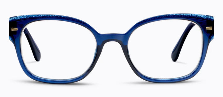 Blue rectangular glitter glasses with rounded edges, navy frames, gold hinges. Available in multiple sizes.