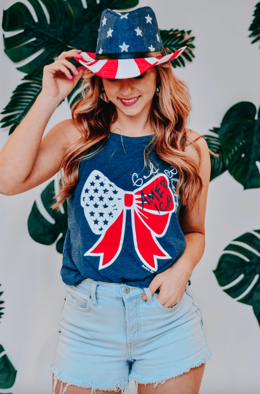 God Bless America Bow Tank, available in sizes S-XL.