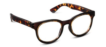 Peepers Olympia round blue light glasses, brown and amber tortoiseshell frame. Available sizes: small, medium, large.