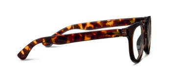 Peepers Olympia blue light glasses with brown tortoiseshell rectangular frames and clear lenses. Sizes: small, medium, large.