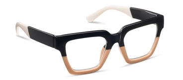 Peepers - Take a Bow Black/Tan thick-rimmed blue light glasses with geometric square frame; black upper half, beige lower half, white temple tips. Available in multiple sizes.