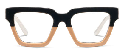 Peepers Take a Bow Black/Tan eyeglasses feature square, thick rectangular frames with black on the top half and tan on the bottom, plus crisp white temples. Available in multiple sizes.