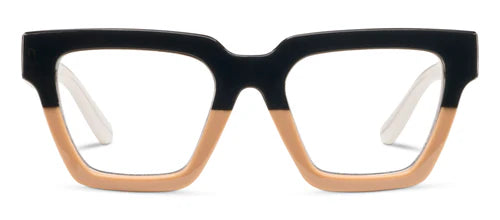 Peepers Take a Bow Black/Tan eyeglasses feature square, thick rectangular frames with black on the top half and tan on the bottom, plus crisp white temples. Available in multiple sizes.