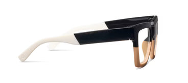 Peepers - Take a Bow Black/Tan eyeglasses have thick, square-shaped black and tan frames with white temples. Available in sizes small, medium, and large.