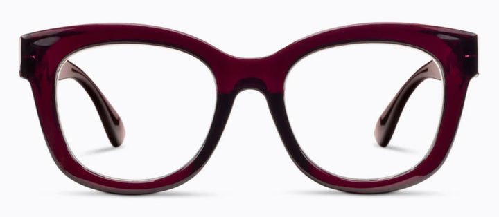 Bold, dark red oversized frames with clear lenses. Available sizes: narrow, medium, wide.