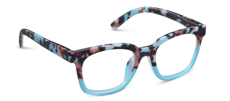 Oversized, retro-inspired rectangular eyeglasses with thick blue, black, and pink tortoiseshell frames; blue light blocking with UV400 protection. Available in multiple sizes.