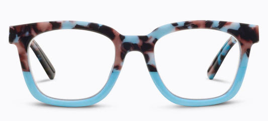 Rectangular, oversized Peepers To the Max Light Blue Botanico/Light Blue eyeglasses in blue and brown tortoiseshell with a gradient from dark upper edges to light blue bottoms; UV400 protection; available in multiple sizes.