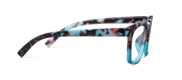 Peepers To the Max Light Blue Botanico/Light Blue rectangular eyeglasses with a marbled pattern in blue, pink, black, and white; retro oversized frames available in multiple sizes and with optional blue light lenses.
