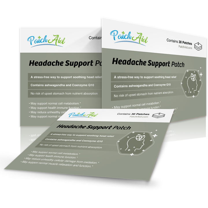 Three 1-pack “Headache Support Patch - Relief, Calm &amp; Relaxation Aid” packets with a gray and green design, highlighting ashwagandha and Coenzyme Q10 for headache relief and relaxation, no upset stomach, line art head with a heart.