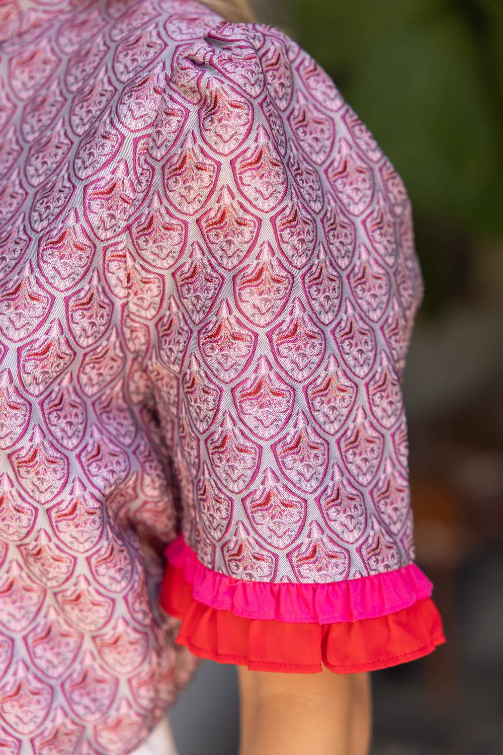 Jacquard Petal Print Contrast Ruffle Top