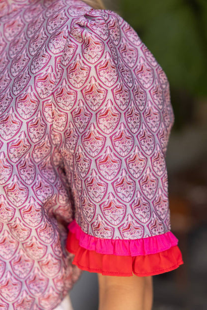 Jacquard Petal Print Contrast Ruffle Top