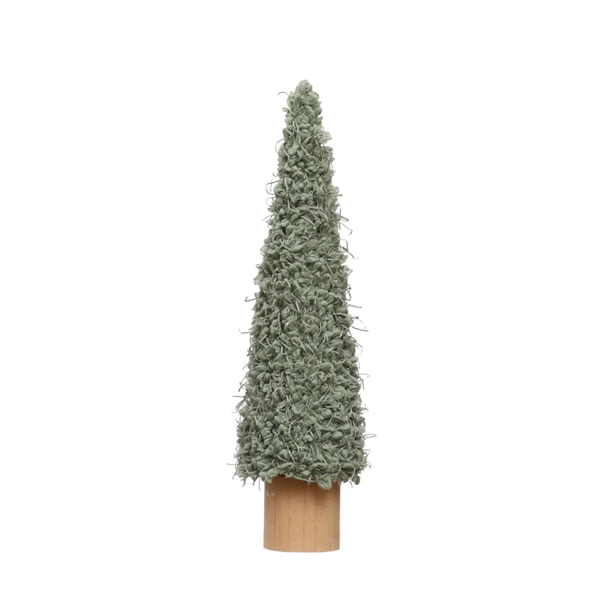 Sage green textured fabric cone tree on a cylindrical wood base.