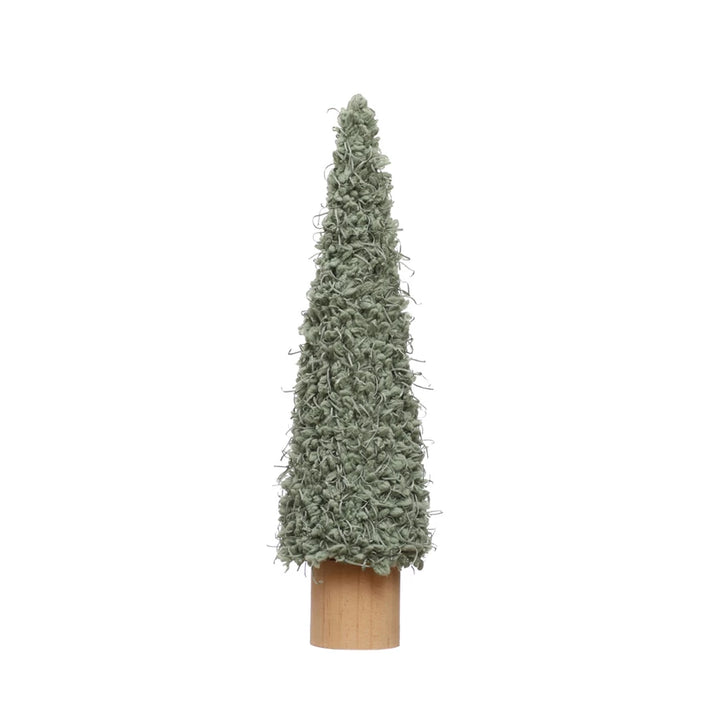Sage green textured fabric cone tree on a cylindrical wood base.
