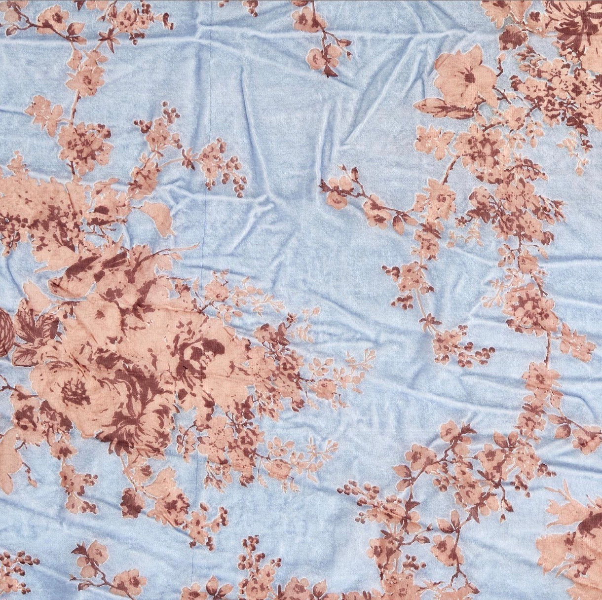 Periwinkle Blue Velvet Kimono in light blue velvet with brownish-pink floral and leaf patterns, vintage-inspired texture. Available in S, M, L.