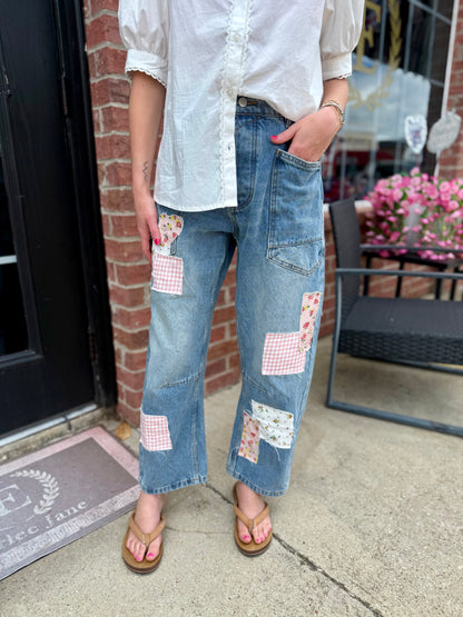 MINERAL WASHED PATCHWORK JEANS: VINTAGE WASH, available in sizes XS-XL.