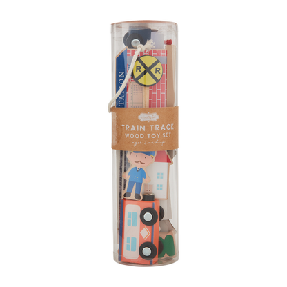 Clear cylindrical container with Train Wood Toy Set: wooden train cars, magnetic connectors, houses, sign, figure; ages 3+. Sizes vary.