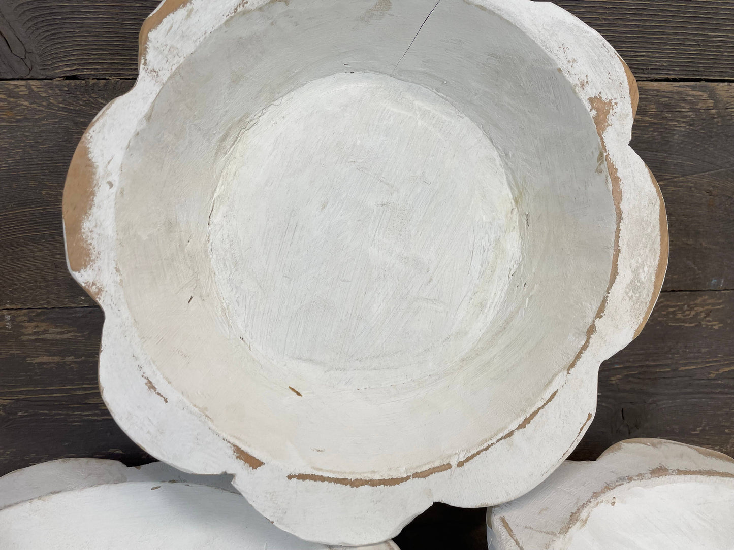 Handmade Small Flower Dough Bowl, white with distressed scalloped edges, available in multiple sizes. Rustic and unique design.