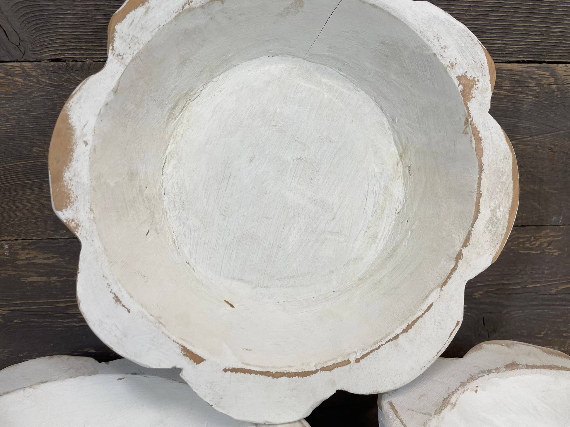 Handmade Small Flower Dough Bowl, white with distressed scalloped edges, available in multiple sizes. Rustic and unique design.