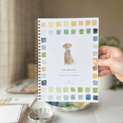 Animals Watercolor Workbook, spiral-bound with charming animal illustrations and colorful borders. Available in multiple sizes.