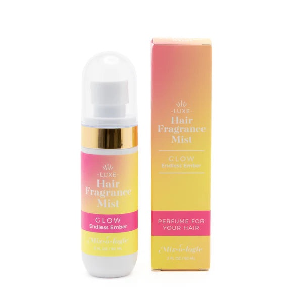Glow Endless Ember Hair Fragrance Mist bottle and box with yellow-pink gradient, lightweight, long-lasting, available in 50ml.
