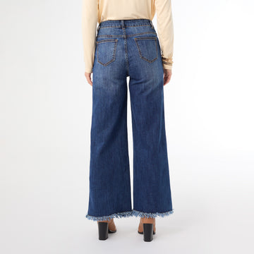 Bambi Soft Wide Leg Jeans With Fringe, visible back pockets, frayed hems. Available in sizes 24-32.