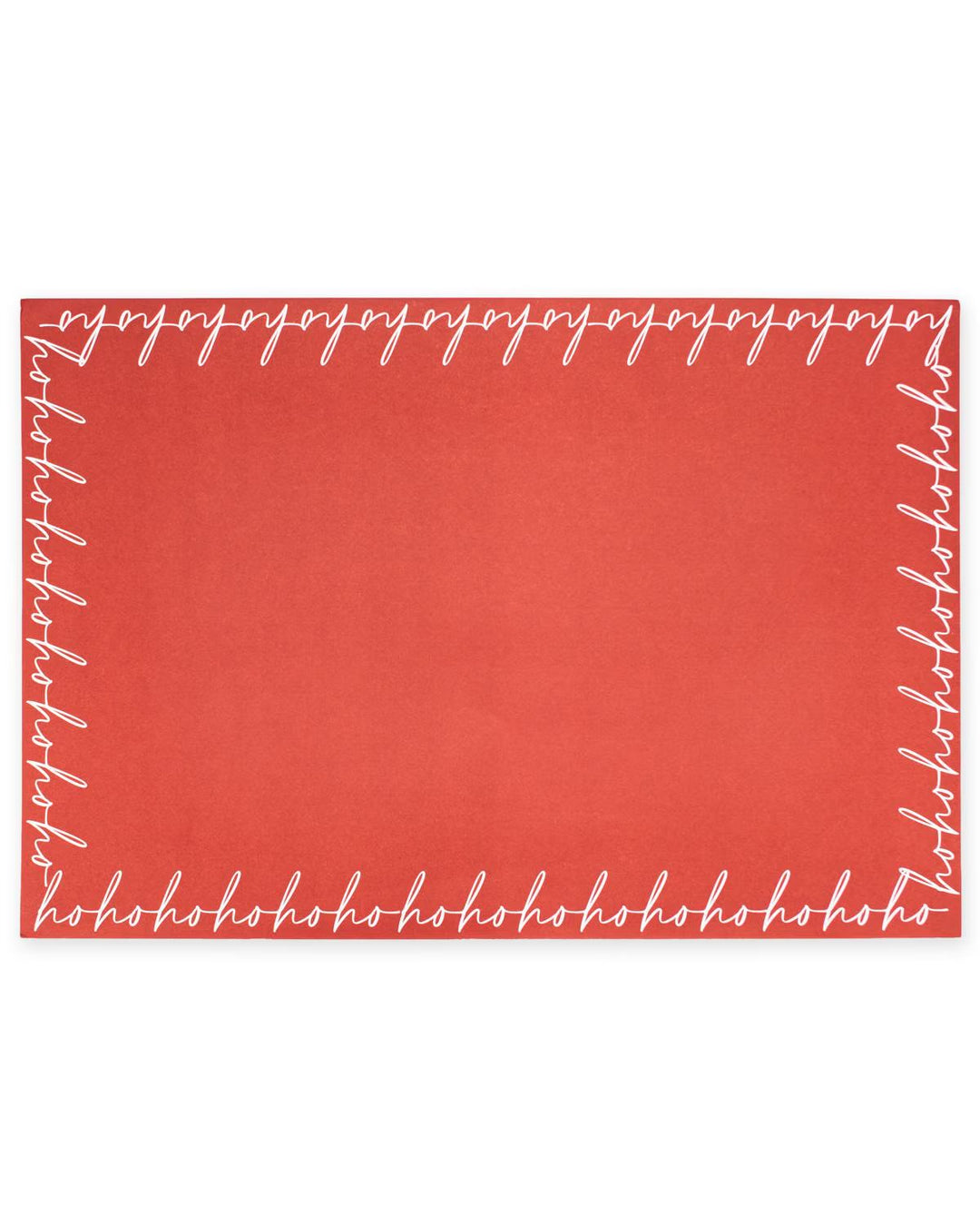 Red rectangular Ho Ho Ho paper placemats featuring a white hand-lettered “ho ho ho” border.