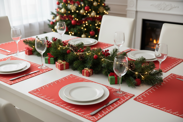 Paper Ho Ho Ho Placemats: red rectangular placemats with a white “Ho Ho Ho” border pattern.