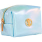 Small, shiny light blue bag with gold zipper and pineapple emblem. Available in one compact size for beauty essentials.
