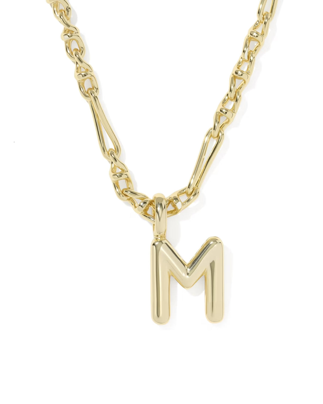 Gold bubble letter "M" pendant necklace on a delicate chain by Kendra Scott; available in 16", 18", and 20" lengths.