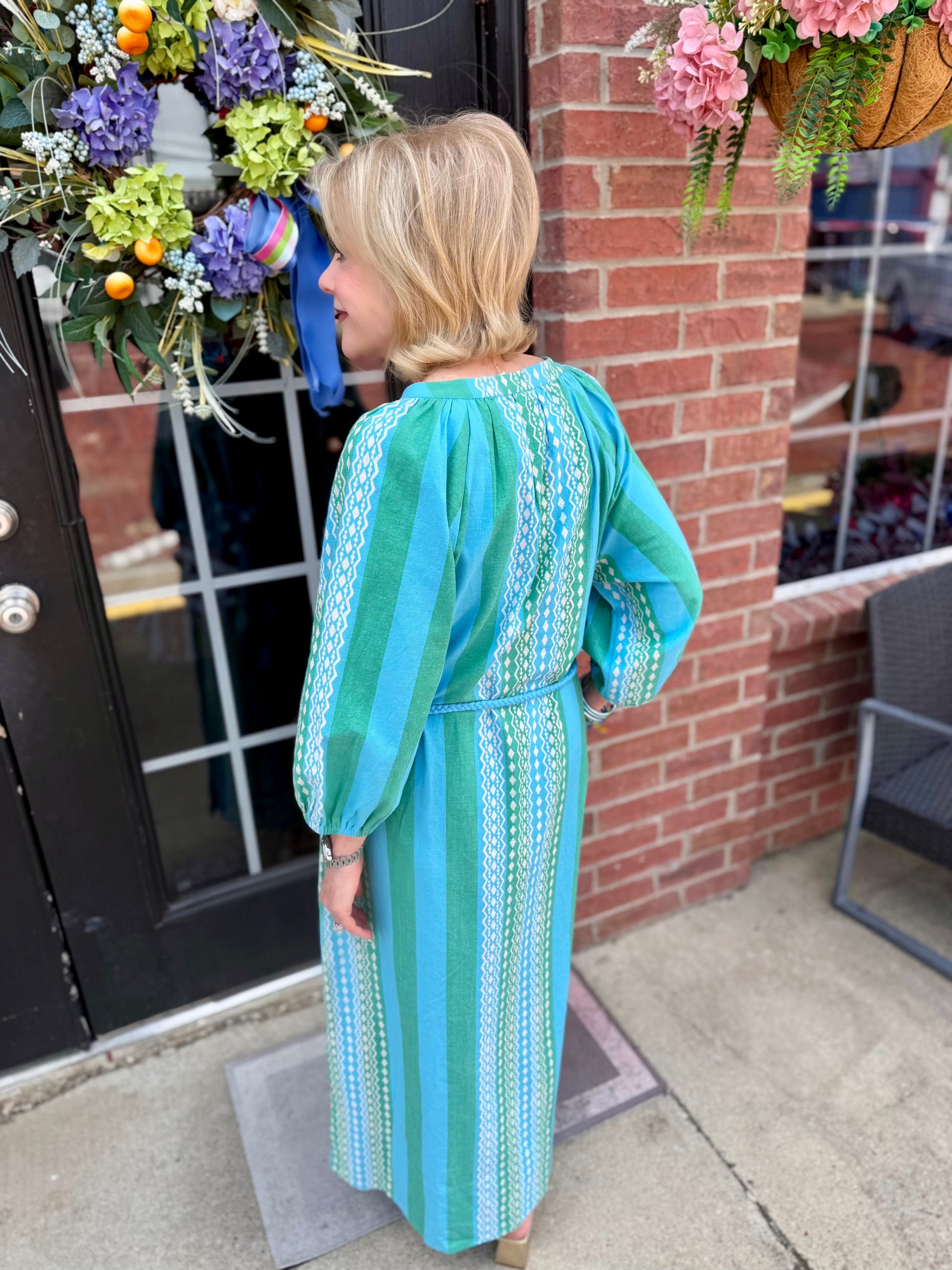Patio Dress: long, blue and green striped cotton. Available in sizes XS–XL.