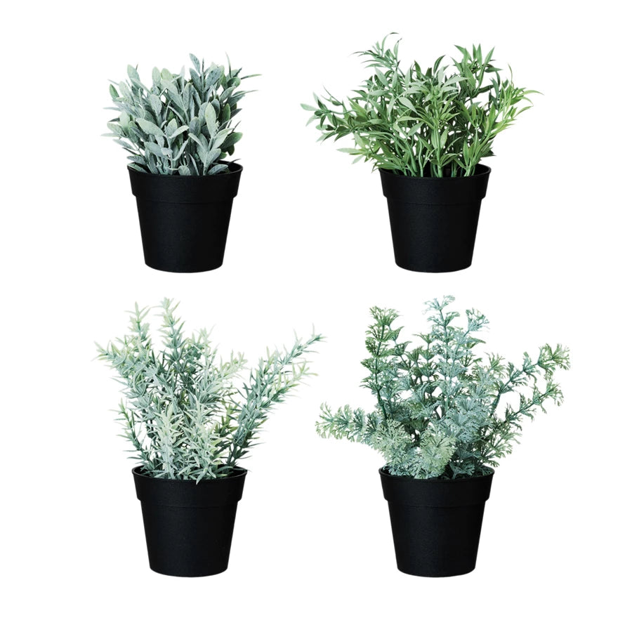 Set of four faux herbs in plastic pots, each with distinct green foliage. Available in multiple sizes.