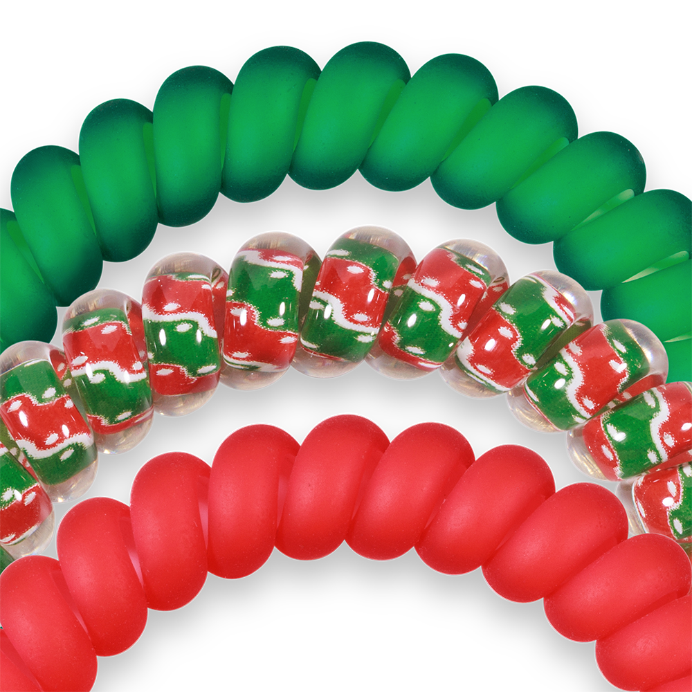 Small spiral hair coils: matte green, matte red, and clear with red, green, and white waves. Available in small size.
