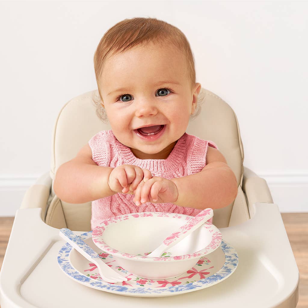 Itzy Bistro™ 4-Piece Dining Set: BPA-free, floral melamine bowl, plate, spoon & fork; toddler size.