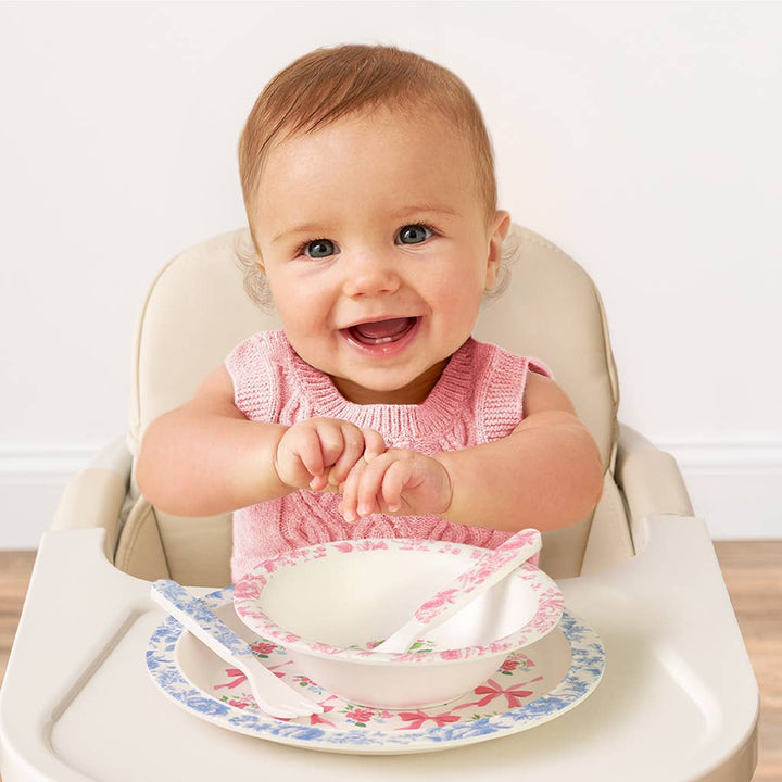 Itzy Bistro™ 4-Piece Dining Set: BPA-free, floral melamine bowl, plate, spoon &amp; fork; toddler size.