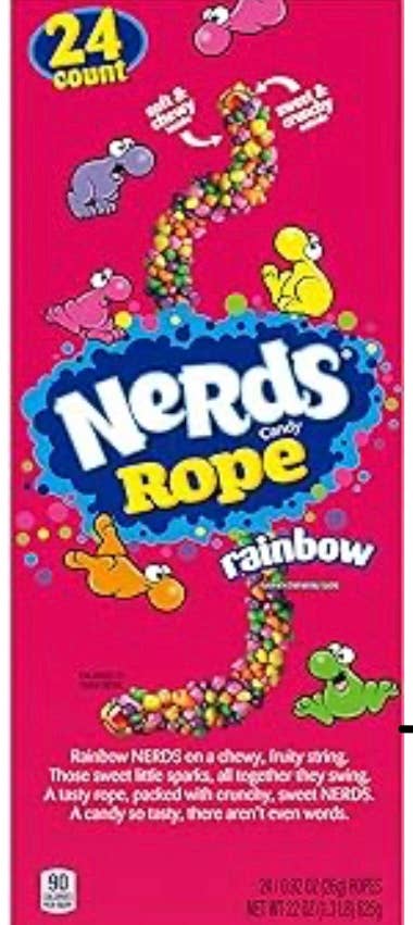 NERDS Rope Clusters Original Rainbow, 24-count box of chewy gummy clusters coated in rainbow Nerds.
