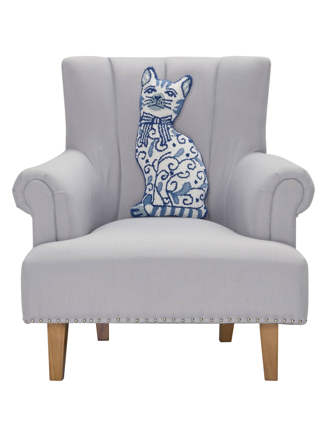 Chinoiserie Cat Hook Pillow, a blue and white cat-shaped wool accent pillow with an ornate swirl pattern.