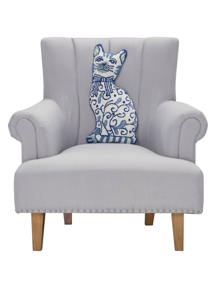 Chinoiserie Cat Hook Pillow, a blue and white cat-shaped wool accent pillow with an ornate swirl pattern.