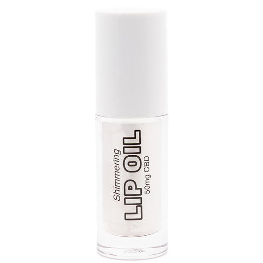 Clear bottle, white cap, labeled "Tinted Lip Oil 50mg CBD." Available in 50mg size; provides tinted, shimmering lip care.