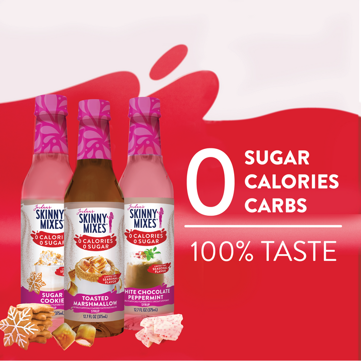 Happy Holidays Syrup Trio: three 12.7-ounce bottles of Sugar Cookie, Toasted Marshmallow, and White Chocolate Peppermint syrup with 0 sugar, 0 calories, and 0 carbs.