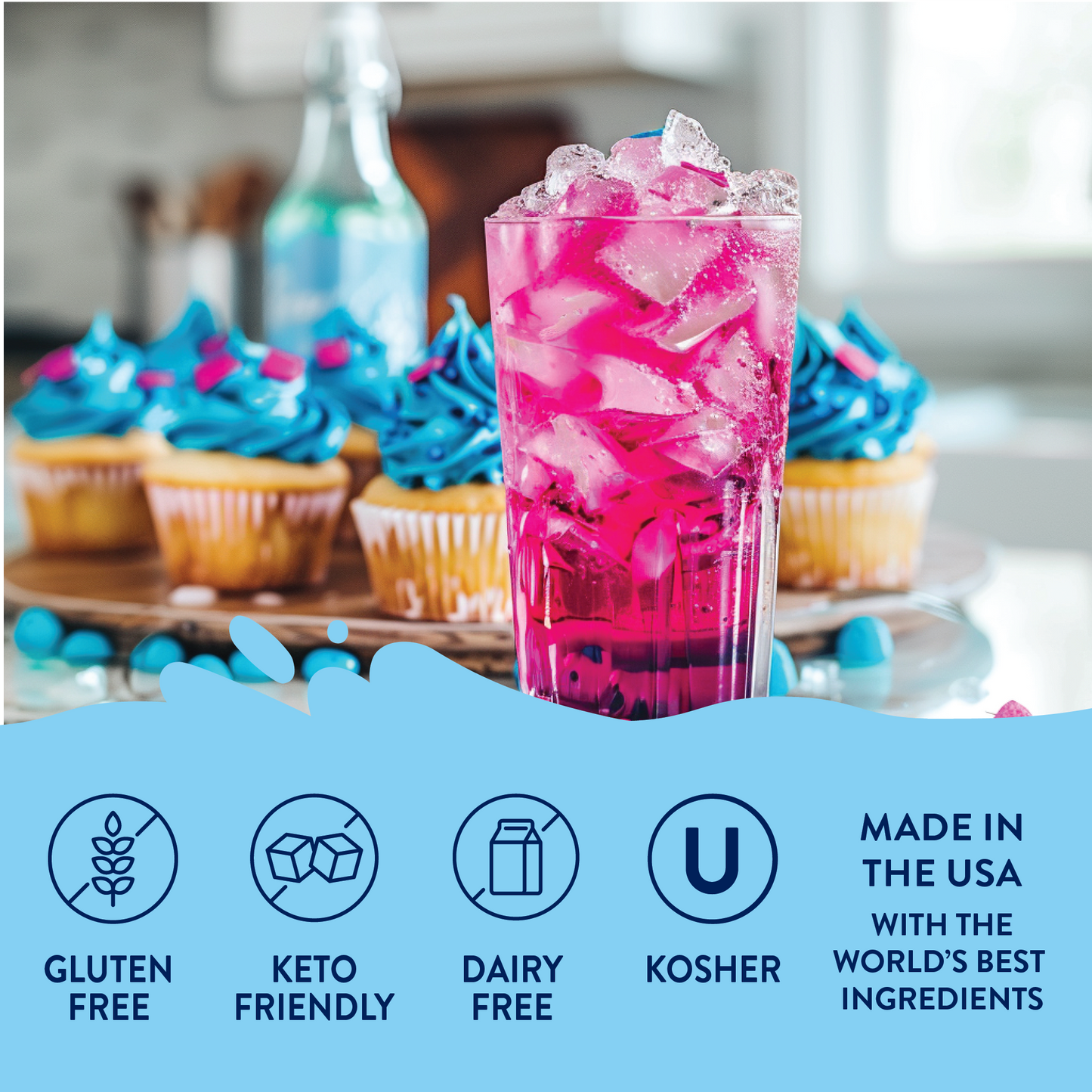 Pink iced drink made with Sugar Free Unicorn™ Syrup. Available in 16oz and 24oz. Gluten free, keto, dairy free, kosher, USA-made.