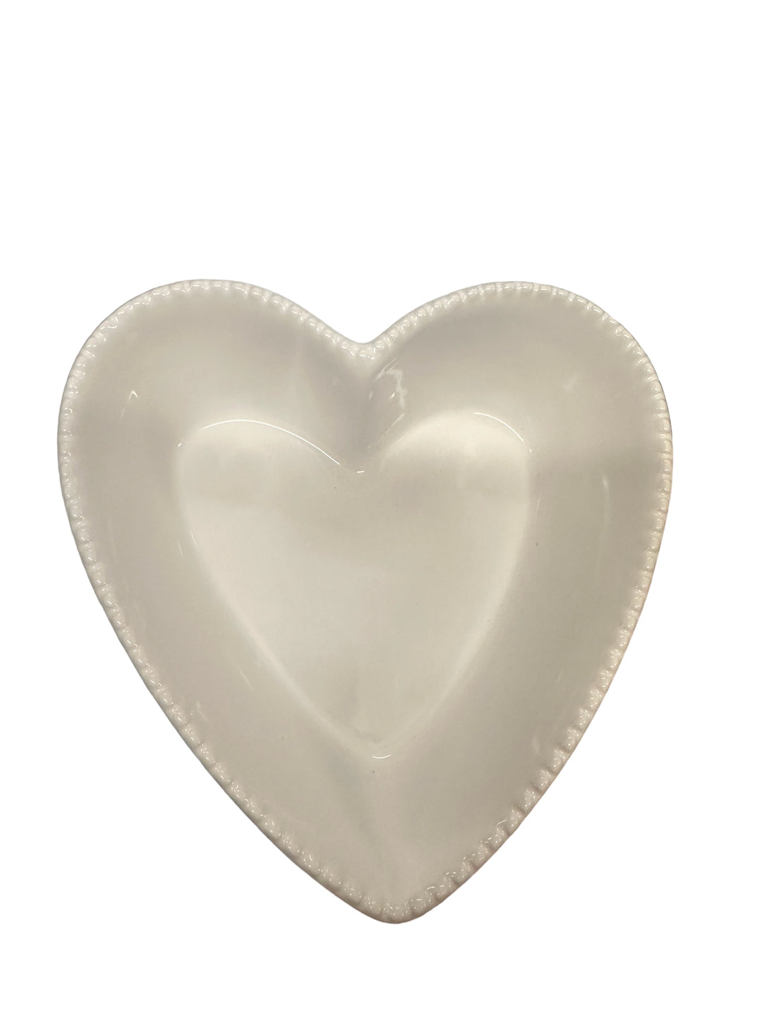 White, heart-shaped ceramic bowl with a raised, textured edge. Available in small, medium, and large sizes.